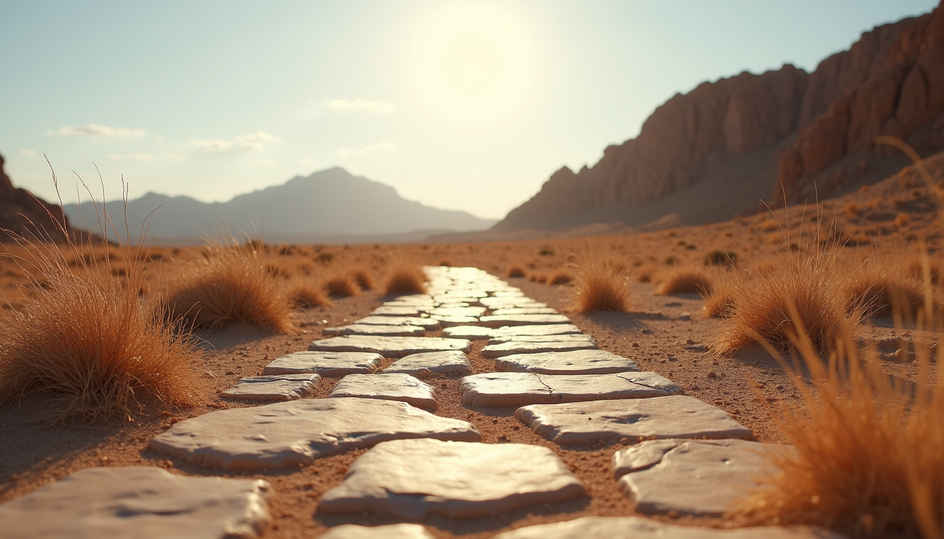 Eye-level view of ancient stone pathway leading through a desert landscape